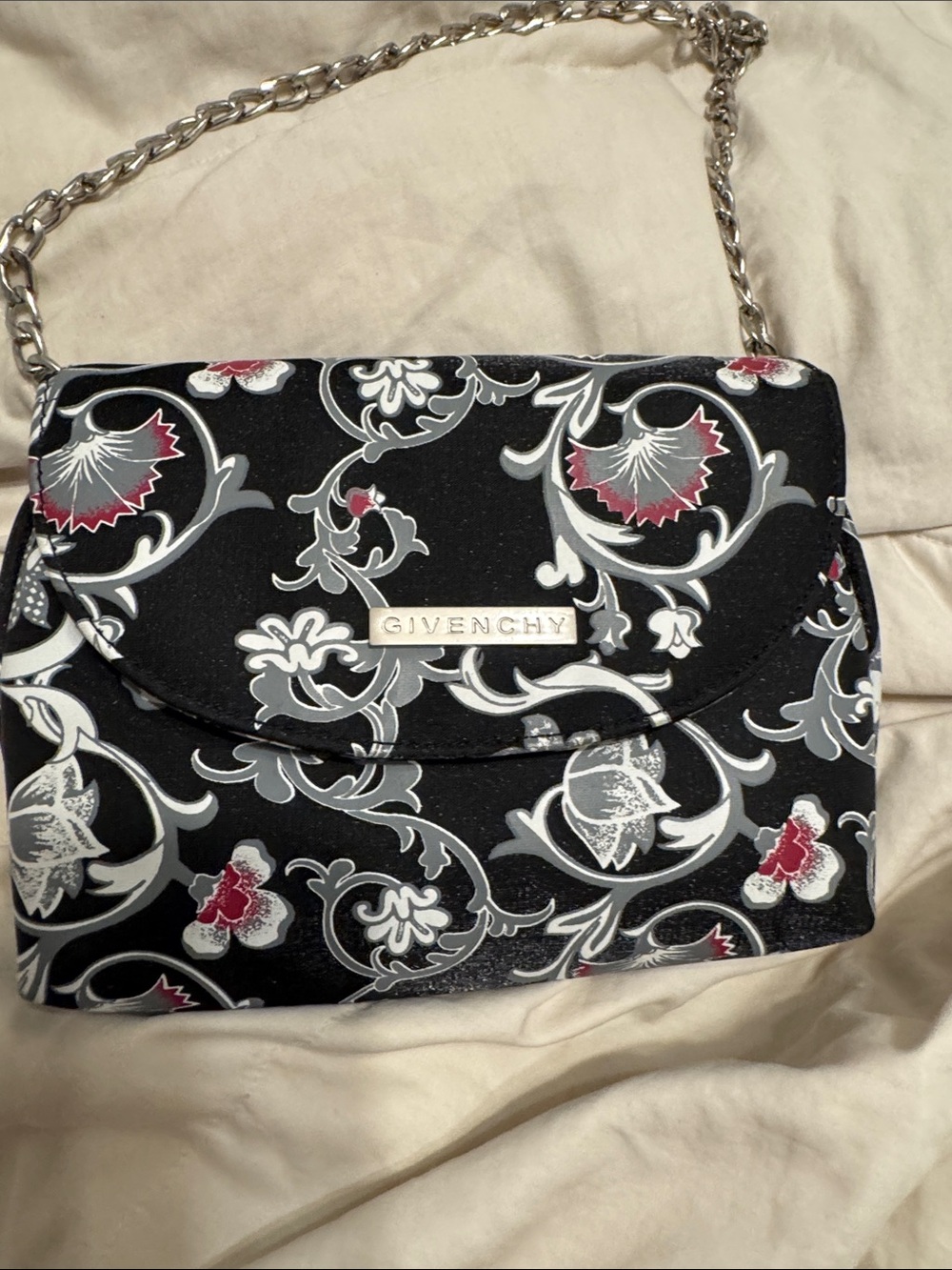 Givenchy Black Floral-Print Crossbody with Silver Chain